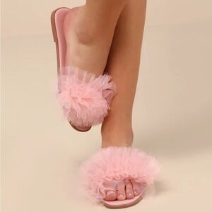 Lulus Pink Ruffle Slide Sandals